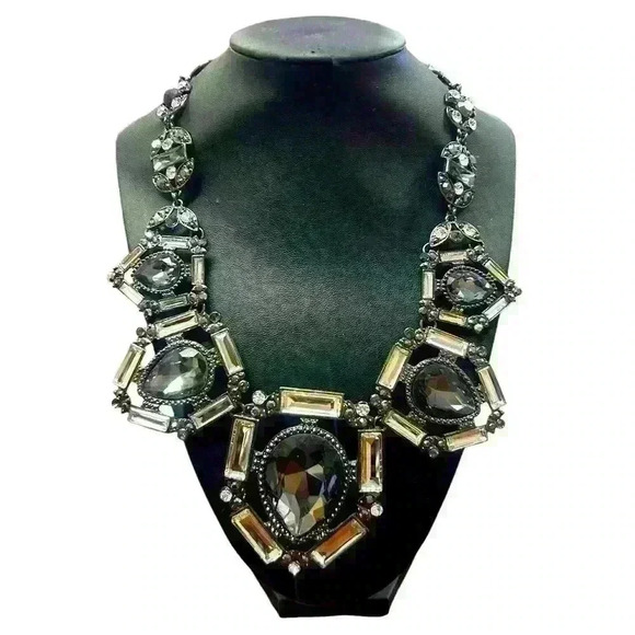 😍 Vintage Statement Necklace-Lg. Smokey Crystals, Baguette Stones, Pewter Chain - Picture 1 of 2